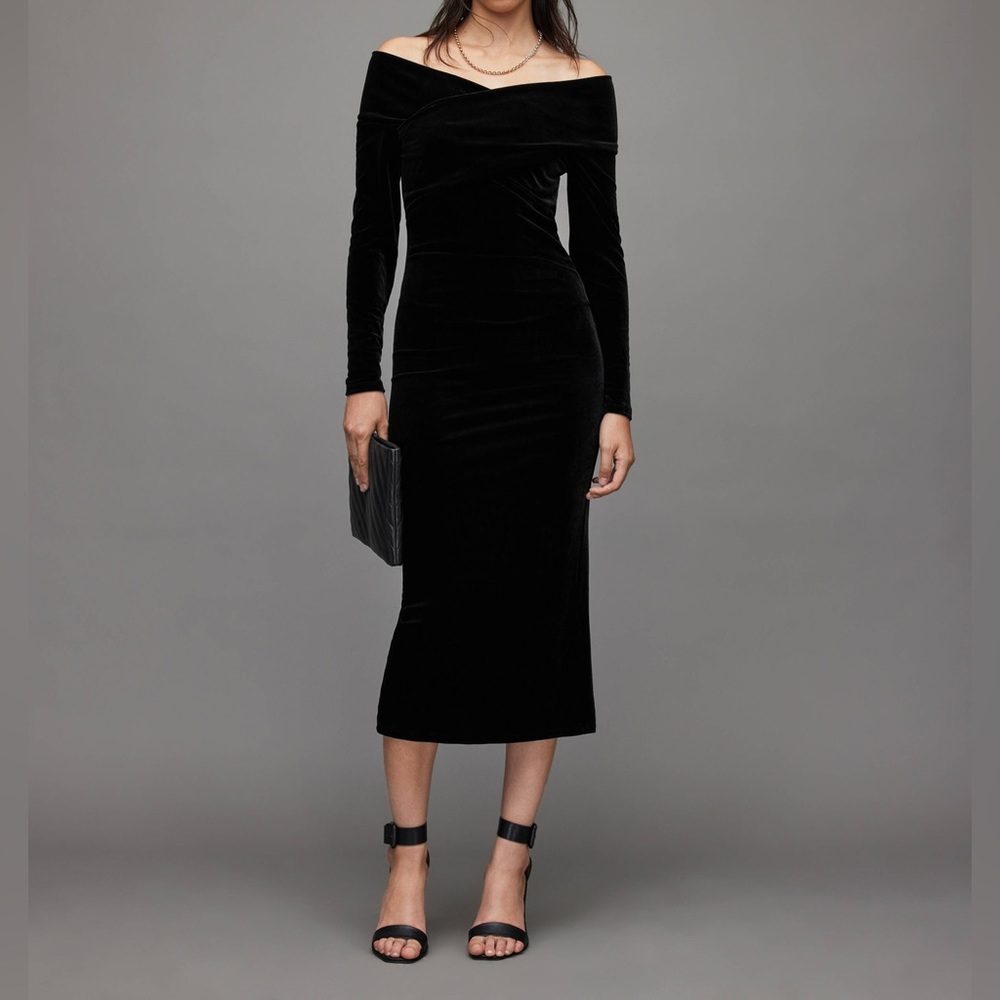 All Saints Delta Velvet Off Shoulder Black Long Sleeve Midi Dress Size 6 NWT